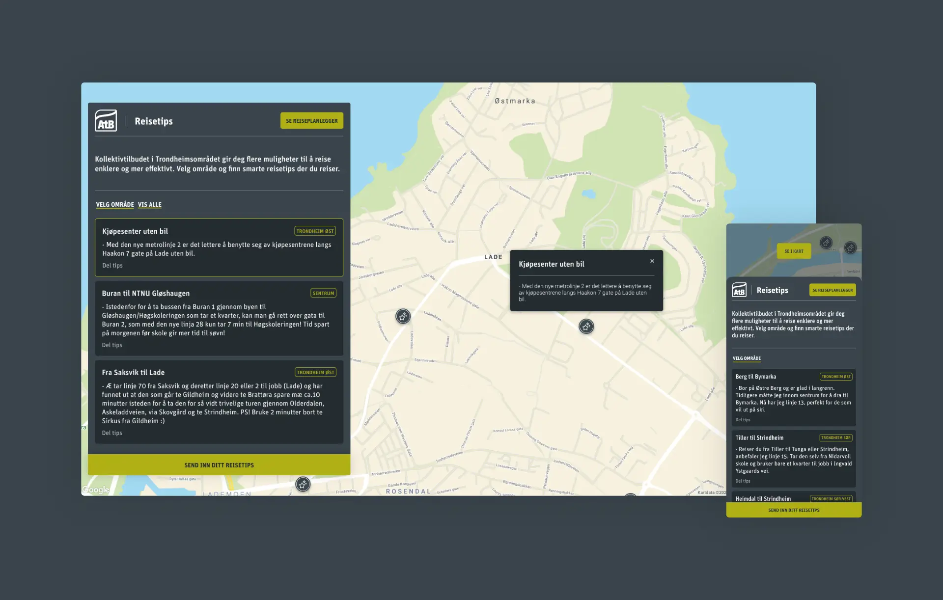 Skjermbilde av kartintegrasjonen med reisetips
