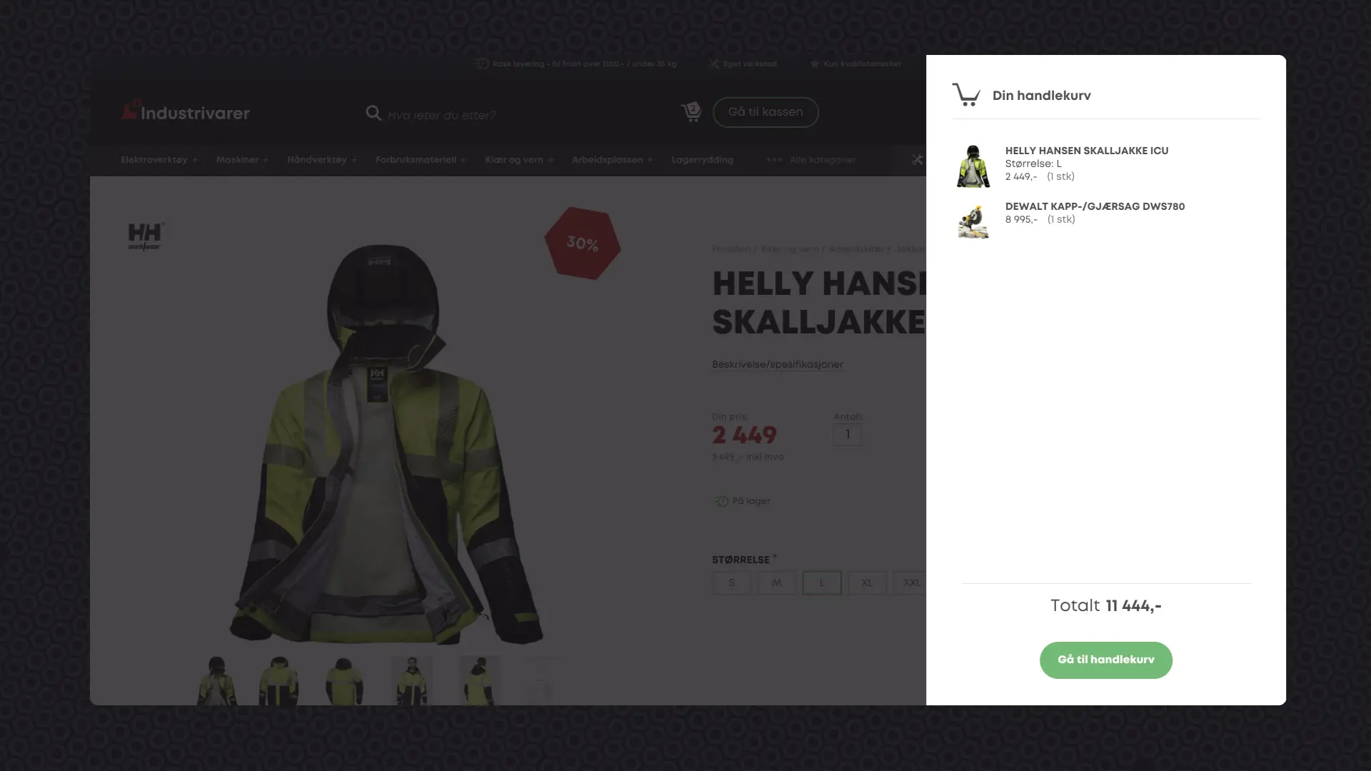 Skjermbilde av handlekurv på nettsiden