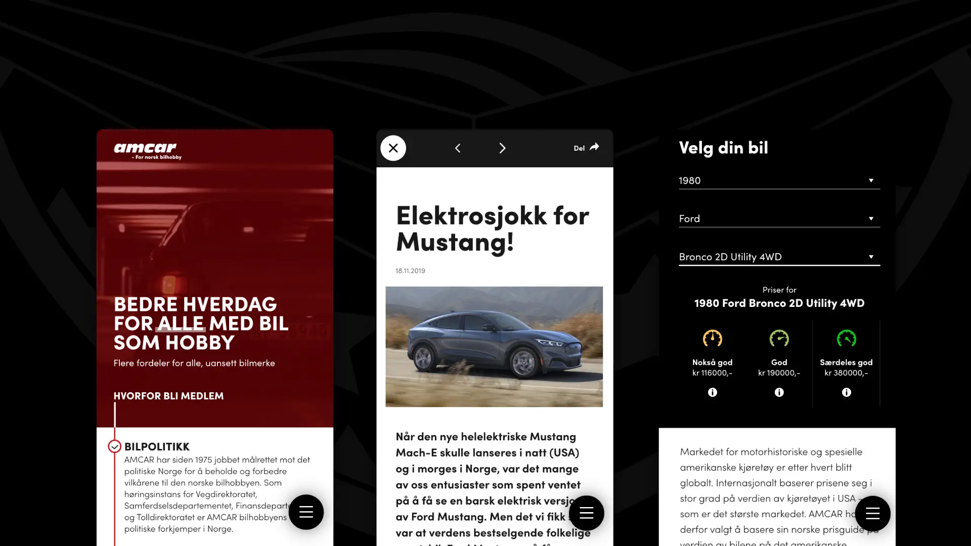 Skjermbilder av diverse undersider på nettsiden