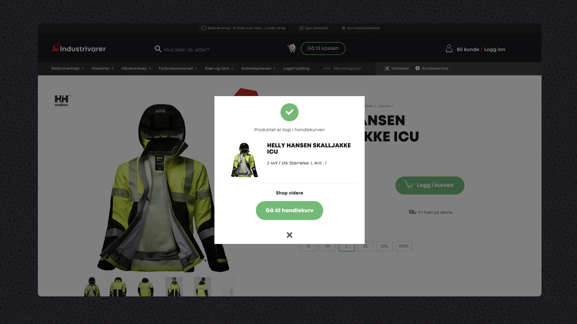 Skjermbilde av handlekurv på nettsiden