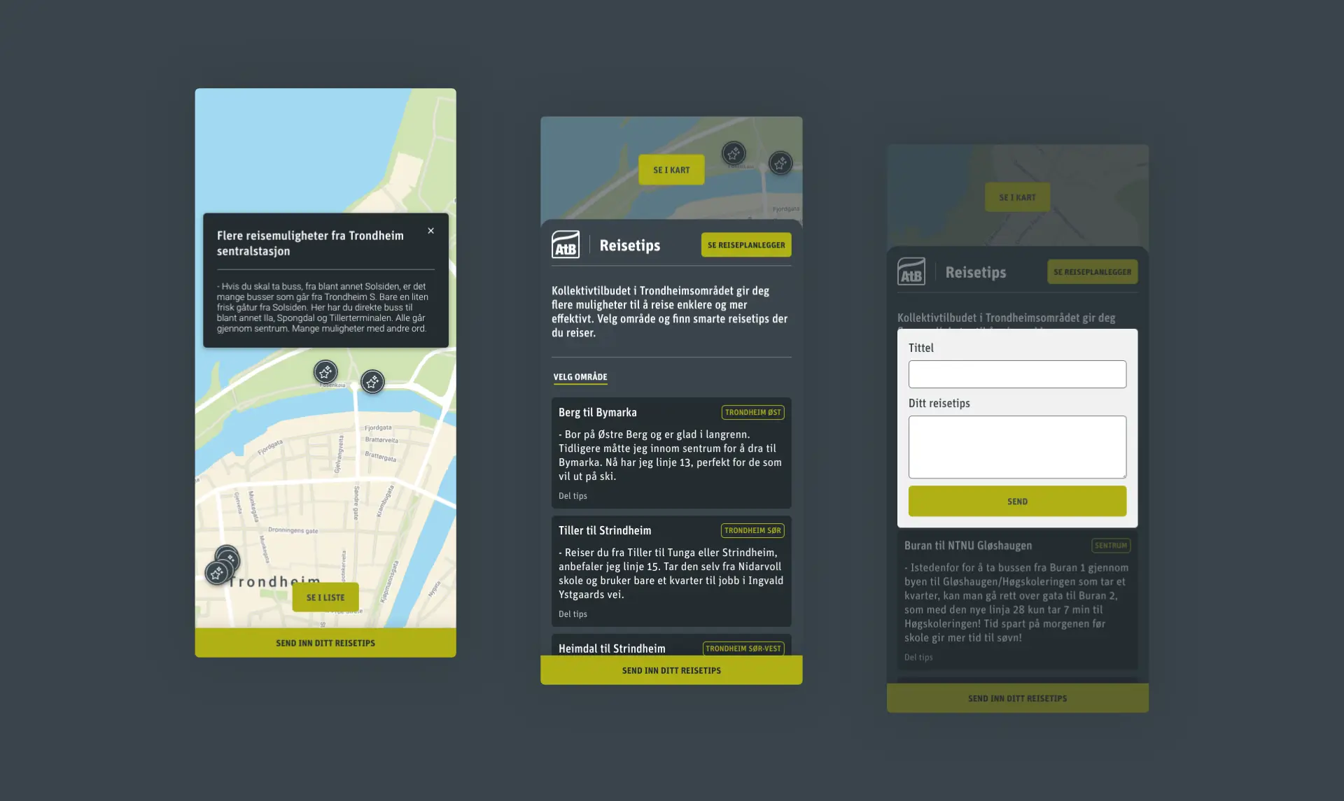 Skjermbilder av mobilvisningen på nettsiden