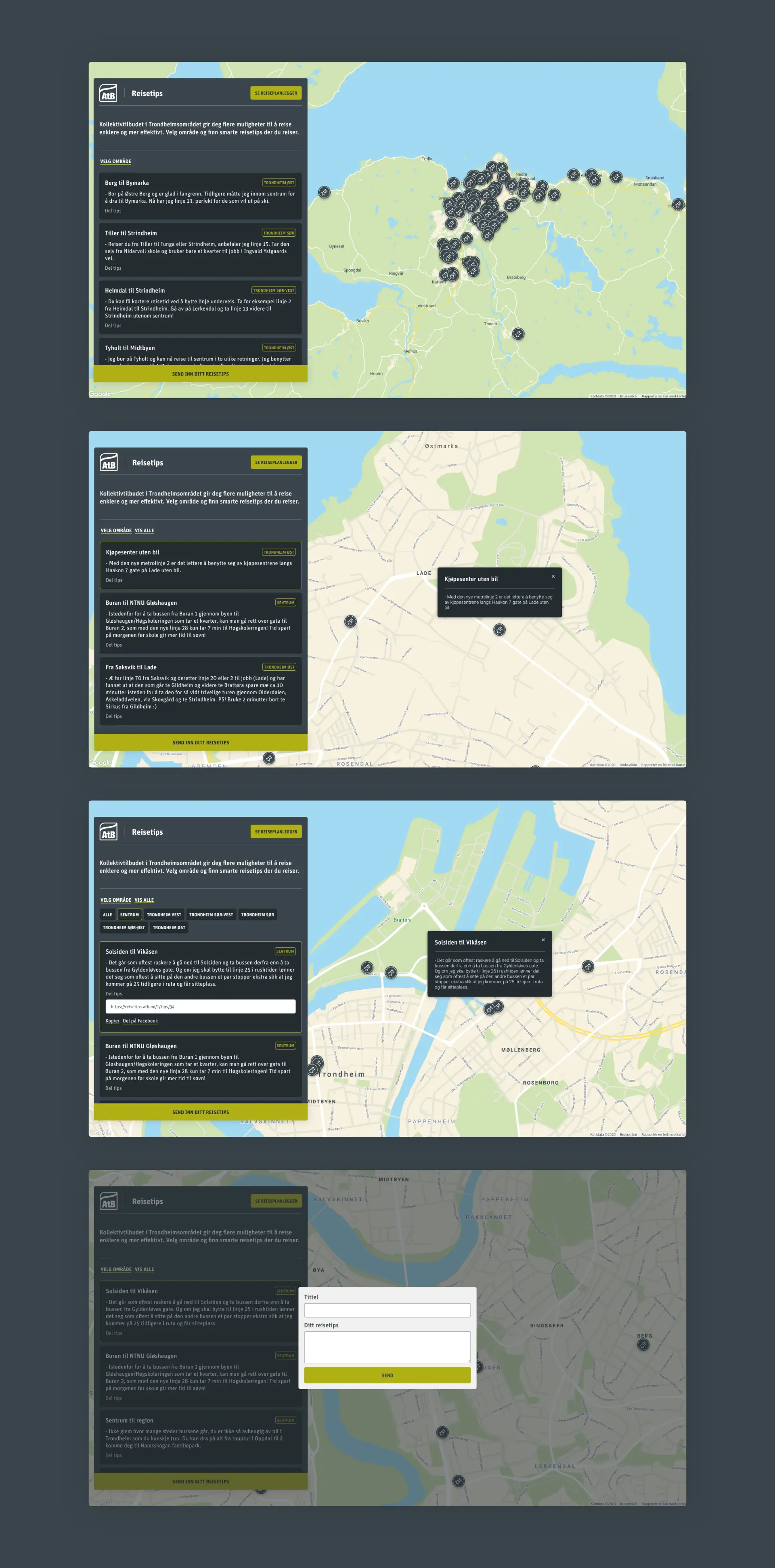 Skjermbilder som viser prosessen for å sende inn reisetips